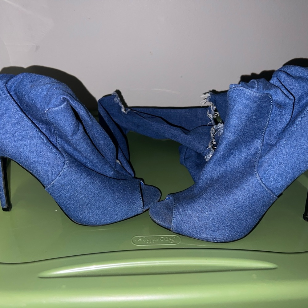 Blue Denim High Heel Thigh High Boots be- Women's
